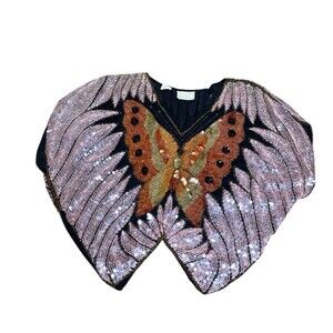 Vintage Silk Butterfly Sequin Beaded Top Black & Silver Women’s One Size Sparkle